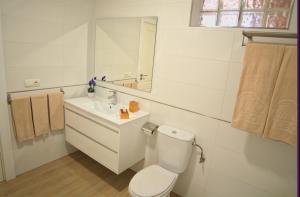 a bathroom with a toilet and a sink and a mirror at Leo Canela in Isla Canela