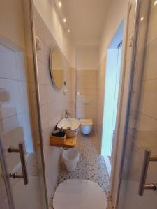 a bathroom with a toilet and a sink and a shower at Vinko rooms in Primošten +52 photos