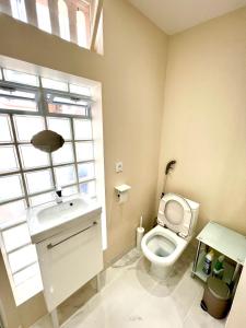 a bathroom with a toilet and a sink and a window at Toulouse : Studio équipé au cœur de St-Cyprien in Toulouse