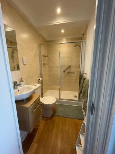 Apartment - Centre of Swanage Stunning Sea views في سواناج: حمام مع دش ومرحاض ومغسلة