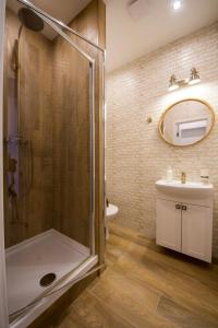 ein Bad mit einer Dusche und einem Waschbecken in der Unterkunft Central Apartments Palats Sportu Area in Kiew