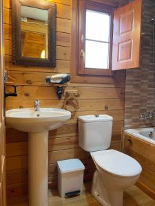 a bathroom with a white toilet and a sink at Cabañas El Descansito in Chillarón de Cuenca