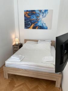 Cama en habitación con TV y pintura en Neuhausz Residenz Ultra-Central Apartment, en Timisoara