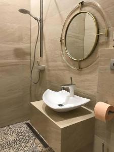 a bathroom with a sink and a mirror at Belle Vue Ultracentral Apartments in Timişoara