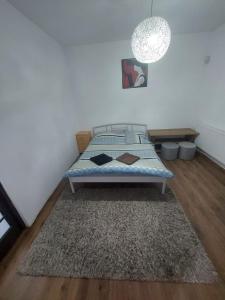 a bedroom with a bed with a rug and a lamp at Camere Centrale in Piteşti