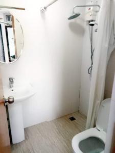 ein Badezimmer mit einem Waschbecken, einem WC und einem Spiegel in der Unterkunft LOT 8 CONDOMINIUM 1BEDROOM MABOLO CEBU in Carreta
