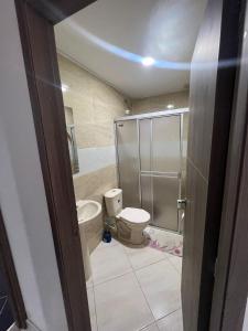 ein Bad mit einer Dusche und einem WC. in der Unterkunft Hotel Playa Blanca in Tota