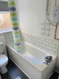 a bathroom with a tub and a toilet and a shower at Goldcroft in Abertillery