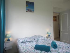 Un dormitorio con una cama con una almohada azul. en L'hibiscus By Nid'Ouest - Grand T3 - Parking privé, en Le Lamentin