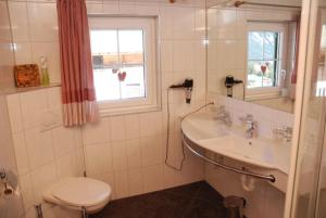 a bathroom with a sink and a toilet and a mirror at Kuschelhüsli Ganahl Wohnung Zamangspitze in Aussersiggam