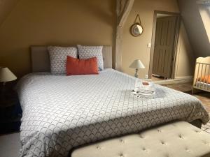a bedroom with a large bed with a red pillow at Chambres Calix in La Flèche