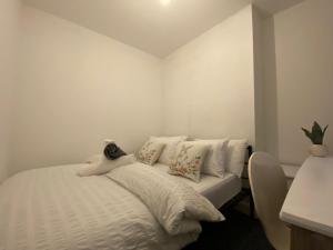um quarto branco com uma cama com almofadas em Nice Living Serviced Accommodations 3 em Coventry