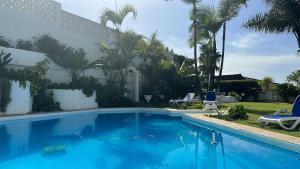 a large blue swimming pool in a yard with palm trees at Schönes Apartment - ruhig - Aussenpool in La Orotava