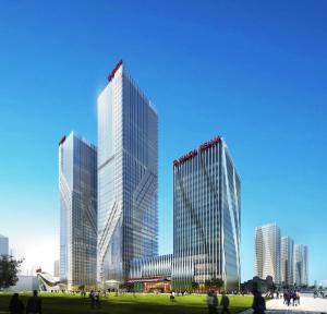 dos edificios altos en una ciudad con gente delante de ellos en Wanda Realm Jiangmen, en Jiangmen