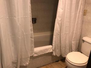 y baño con aseo blanco y ducha. en Suite cómoda y elegante., en Quito