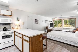 una cocina y un dormitorio con una cama en una habitación en Snowblaze Condominiums E103 en Winter Park