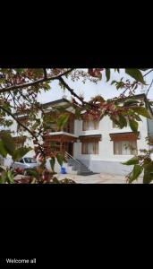 un bâtiment avec quelques fleurs roses devant lui dans l'établissement 16 ARAHAT GUEST HOUSE, à Leh