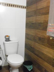 a bathroom with a toilet and a wooden wall at Pousada Cascata dos Amores in Teresópolis