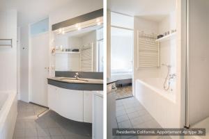 two pictures of a bathroom with a sink and a tub at Residentie Californië in De Koog +37 photos