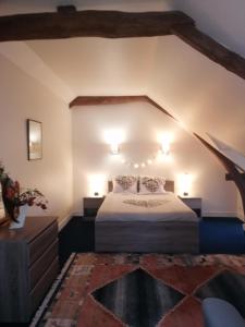 a bedroom with a bed and lights on the wall at Chambre Cosy, Nature, wifi et salle de bain in La Roche-Posay