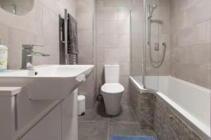 um banheiro com pia, vaso sanitário e chuveiro em Cosy Modern Oxford Apartment em Oxford