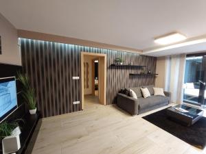 een woonkamer met een bank en een televisie bij Villapark Pleasure Apartment in Balatonfüred