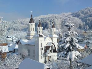 una chiesa ricoperta di neve con un albero di Natale di Casa Bryanna a Cavnic