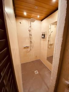 ein Bad mit einer Dusche und einer Glastür in der Unterkunft Tolle Stadtwohnung mit guter Verkehrsanbindung Von der Goltz 35 in Dortmund
