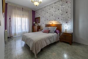1 dormitorio con 1 cama y una pared con un patrón en CASA LA TERCIA, en Herencia
