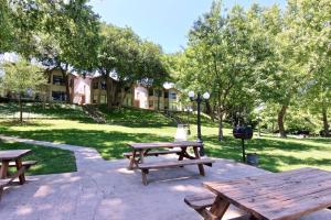 un grupo de mesas de picnic en un parque en Texas River Condo, en New Braunfels