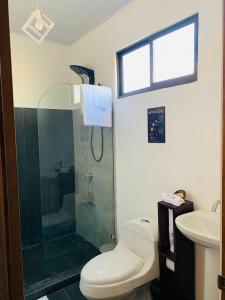 uma casa de banho com um chuveiro, um WC e um lavatório. em Hotel Sirius Costa Rica em San Mateo