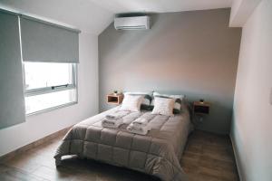 a bedroom with a bed with pillows and a window at 356 Apartments - in Mendoza