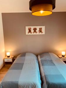 1 dormitorio con 2 camas individuales y luz en Gîte « Au petit Bonheur » en Orges