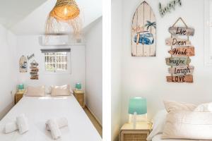 dwa obrazy sypialni z łóżkiem w obiekcie Cozy 2 bedroom corner apartment in Puerto Banus with a Stunning Terrace w Marbelli +36 zdjęć