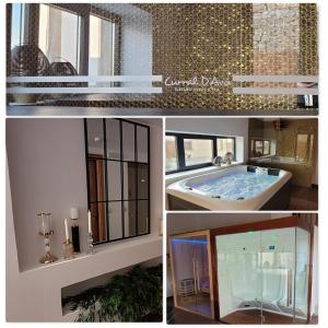 uma colagem de fotografias de um quarto com uma banheira em Curral D Avó Turismo Rural & SPA em Caçarelhos