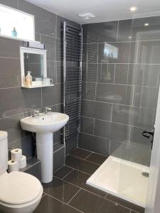 y baño con aseo, lavabo y ducha. en Restored, beautiful cottage, North Cornwall, en Delabole