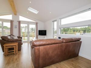 a living room with a leather couch and a tv at 7 Meadow Retreat in Liskeard