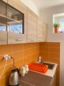 una cucina con piastrelle arancioni e lavandino di Surčin Apartment a Ledine