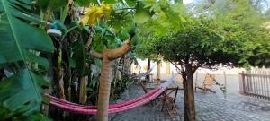 a hammock hanging between two trees in a courtyard at Casinhas Vila Bonita Azul in Baía Formosa