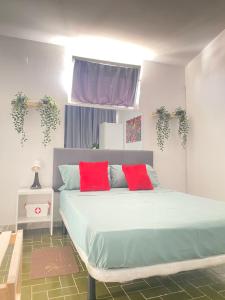 a bedroom with a large bed with two red pillows at Best Rooms - Quarto 3 Plateau in Praia