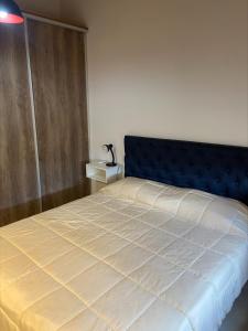 een slaapkamer met een groot bed met een blauw hoofdeinde bij Depto en Monte Grande a 15 minutos del Aeropuerto 2 Zona Residencial in Monte Grande