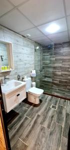 e bagno con servizi igienici, lavandino e doccia. di Hasan Zawaideh luxury camp 2 a Wadi Rum