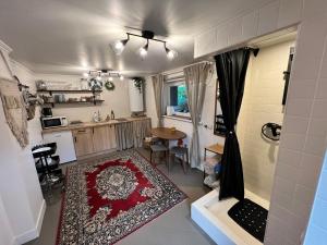 uma casa de banho com um chuveiro e uma cozinha com um tapete em Randu klēts em Salacgrīva