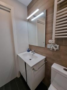 La salle de bains est pourvue d'un lavabo, d'un miroir et de toilettes. dans l'établissement 136A Apartamento moderno en Playa San Lorenzo, à Gijón