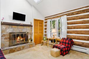 a living room with a fireplace and a tv at Cozy Condo by Tripp Lake in Warrensburg