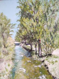 uma pintura de um caminho com árvores e água em Cordón 4 em Burgos