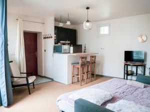 een woonkamer met een bed en een keuken bij La Grande Maison Clermont - Appartements centre ville in Clermont-Ferrand