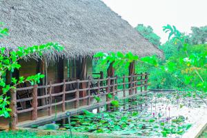 a pond with lily pads in front of a hut at Sigiriya Water Cottage in Sigiriya