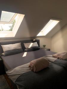 Schlafzimmer mit einem Bett mit zwei Oberlichtern in der Unterkunft Kastanienhof in Südbrookmerland