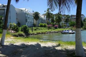 un bateau sur une rivière avec des palmiers et des bâtiments dans l'établissement Grand bleu-Superbe T2 vue mer & accès plage, au Gosier